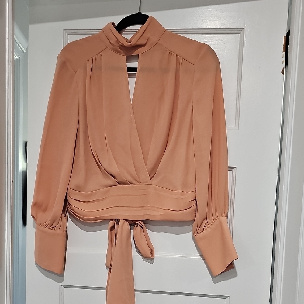 Orange Pink Wrap Blouse with Mandarin Collar